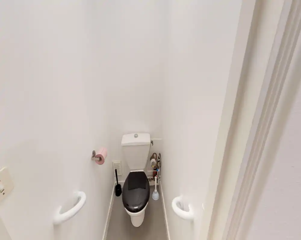Compact single-toilet bathroom with white walls, a black toilet seat, toilet brush and plunger; bright and clean small WC ideal for a guest or cloakroom.