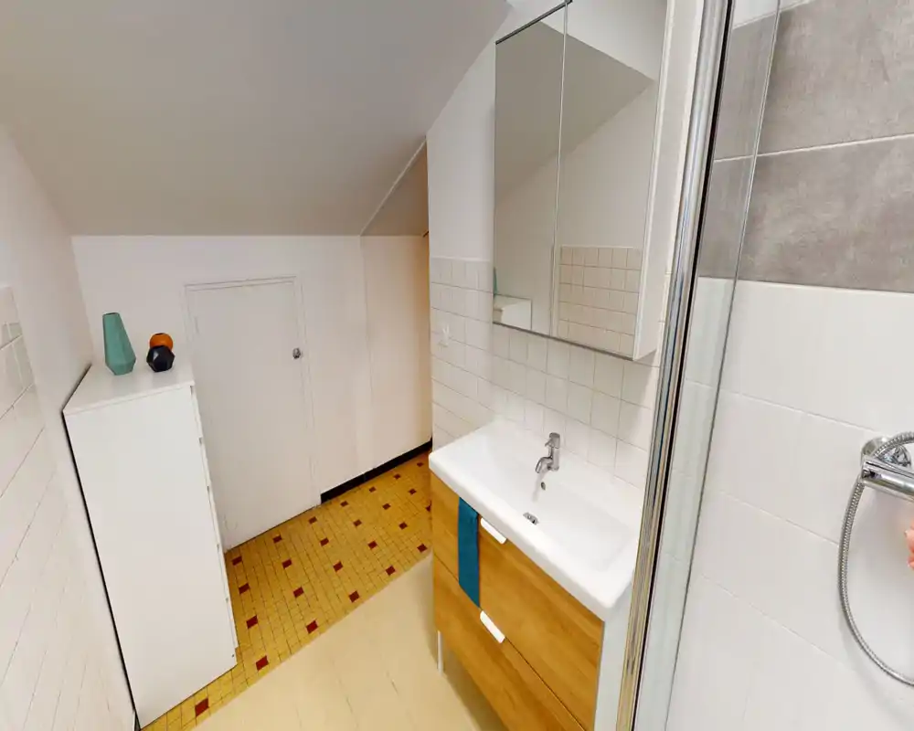 Bright, tidy bathroom with a modern sink cabinet, mirrored medicine cabinet and a tiled shower area. The space features patterned floor tiles and clean white wall tiles.