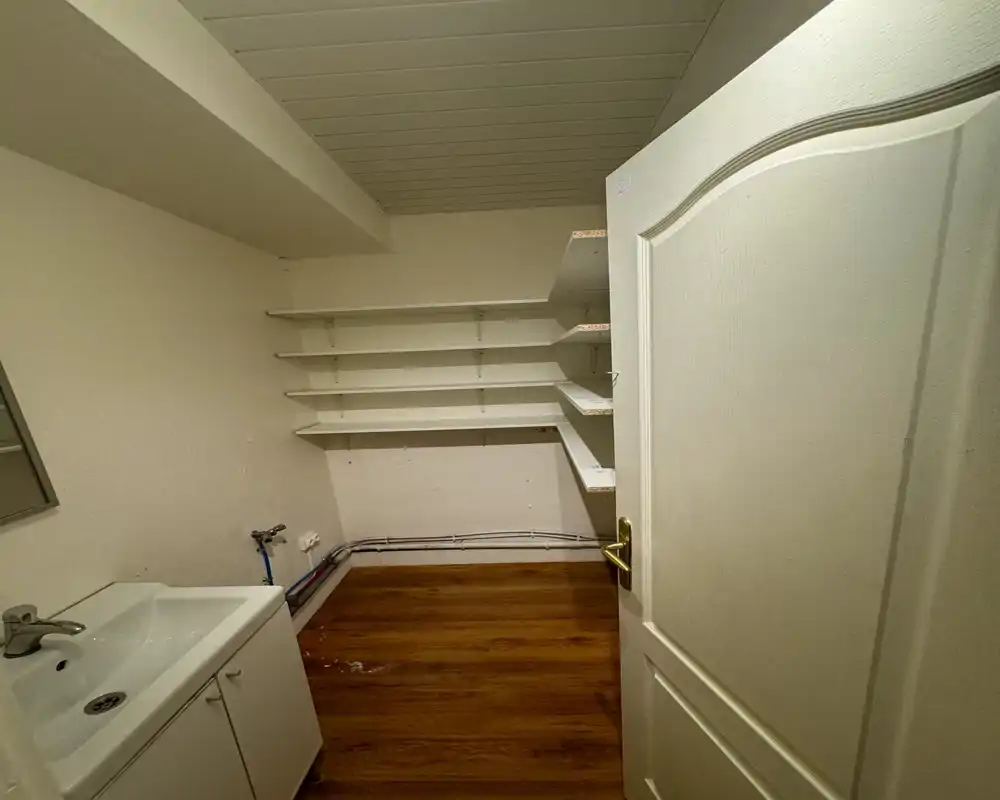 Small utility/storage room with built-in wall shelves and a compact sink — ideal as a pantry or laundry/cleaning supply area. Compact layout with wooden flooring and visible plumbing on the wall.