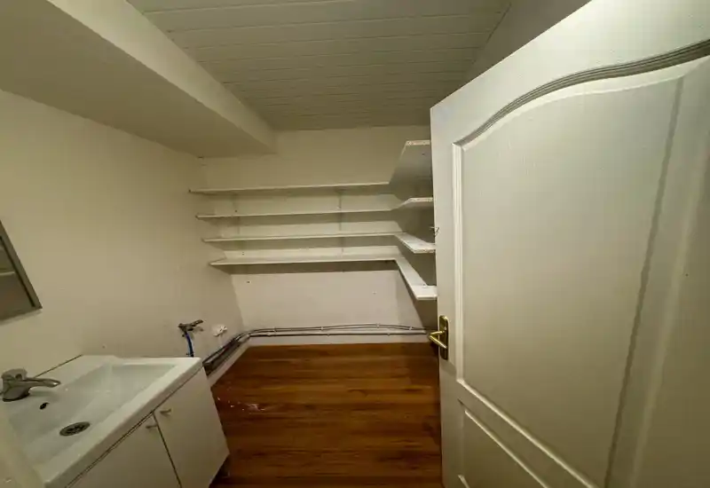 Small utility/storage room with built-in wall shelves and a compact sink — ideal as a pantry or laundry/cleaning supply area. Compact layout with wooden flooring and visible plumbing on the wall.