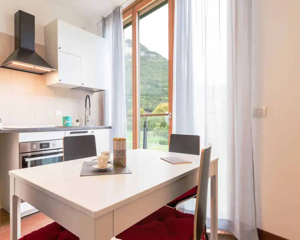 Bright, modern open kitchen with a dining table and large window offering scenic views. Clean lines, stainless appliances and a cozy table setup make this a welcoming cooking and dining area.