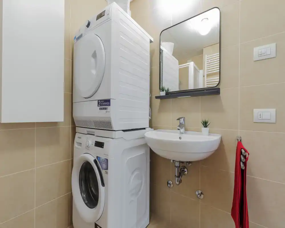 Compact, well-lit bathroom with a stacked washer and dryer next to a wall-mounted sink and mirror; neutral beige tiles and small decorative plants add a clean, functional look.