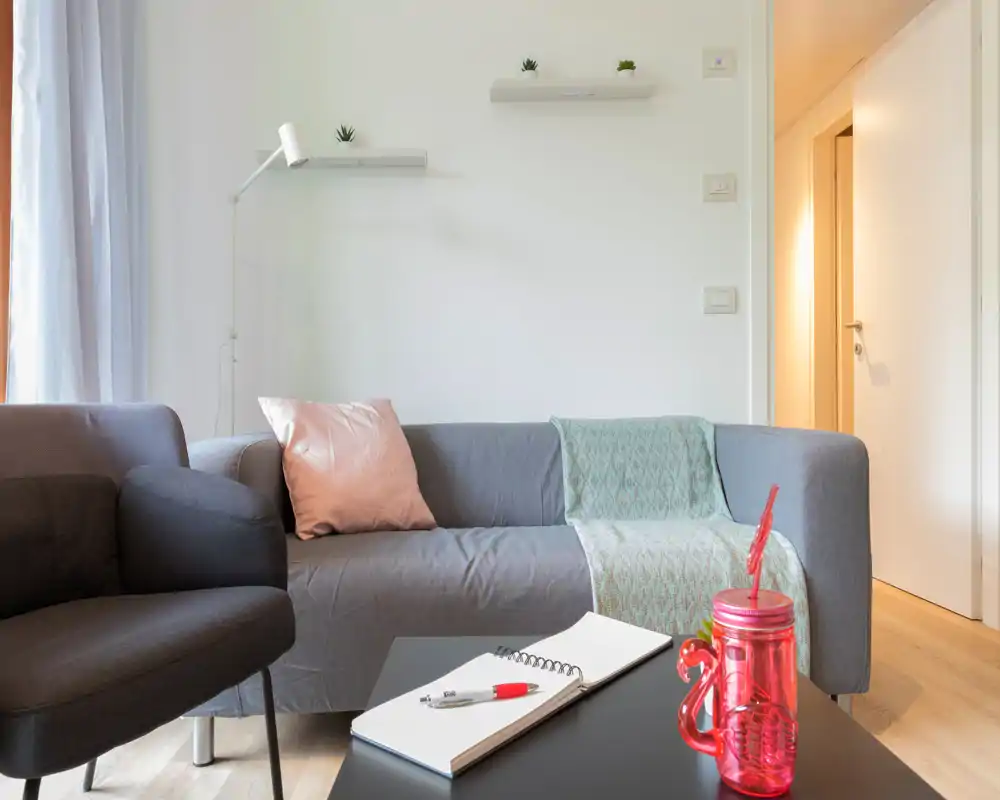 Zona giorno luminosa e moderna con divano grigio, poltrona, cuscini decorativi e tavolino — atmosfera accogliente ideale per il relax.
