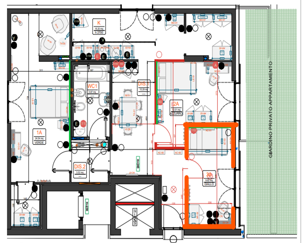 Top-down architectural floor plan of an apartment showing rooms, furniture layout, doors and annotations — a planimetry drawing used for design and documentation.