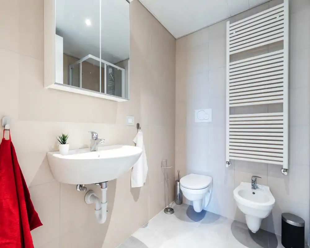 Bright, modern bathroom with a wall-mounted toilet, bidet and a sink beneath a mirrored cabinet; neutral tiles and a heated towel rack complete the space.