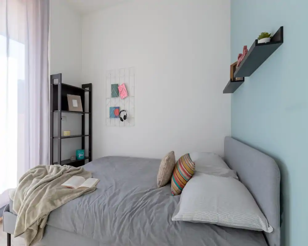Chambre moderne et lumineuse avec grand lit rembourré, coussins et plaid; la lumière naturelle apporte une atmosphère aérée et accueillante, idéale pour une annonce locative.