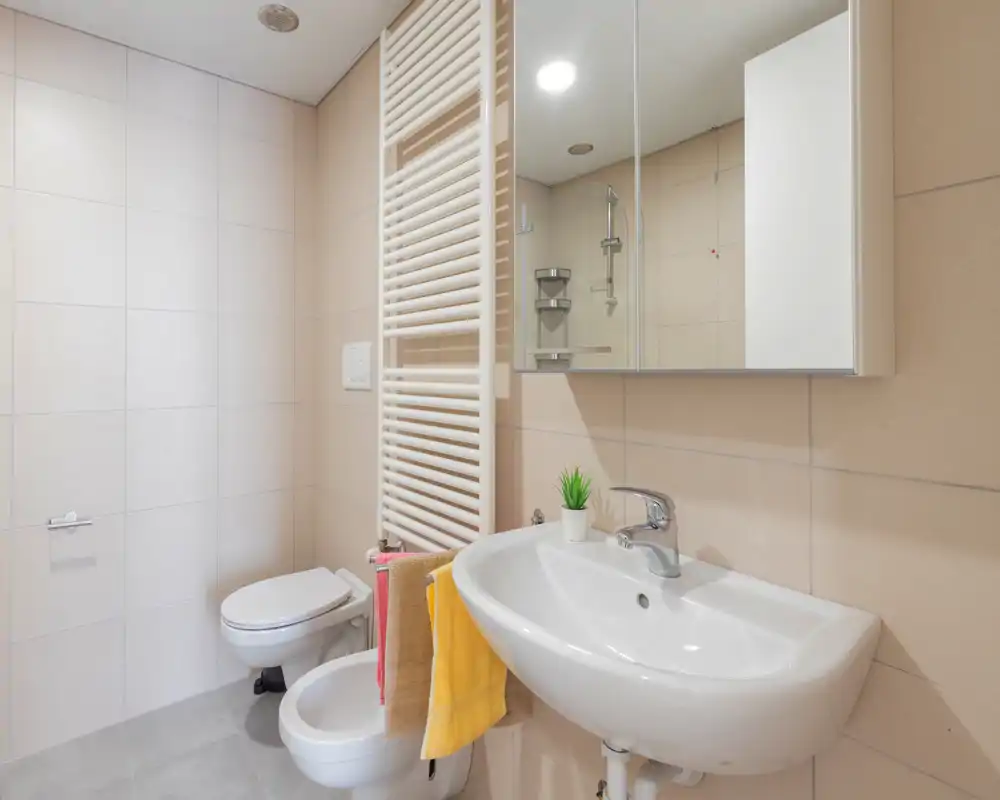 Clean, modern bathroom with a wall-mounted toilet, bidet, sink and mirrored cabinet. Neutral tiles and bright lighting make the room feel fresh and well maintained.