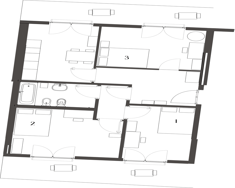 Planta en blanco y negro de un apartamento que muestra habitaciones, puertas, ventanas y sanitarios; se ven dormitorios numerados y la distribución del mobiliario.