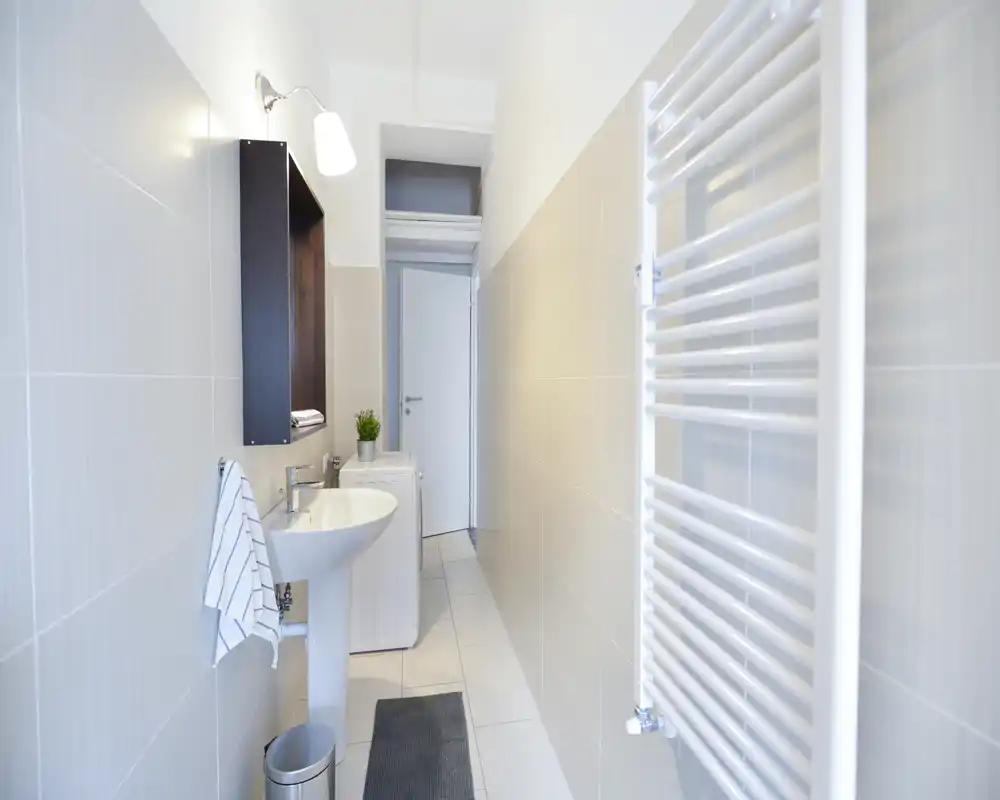 Salle de bains moderne et étroite avec radiateur sèche-serviettes mural, lavabo sur pied, armoire-miroir et carrelage neutre — lumineuse et propre.
