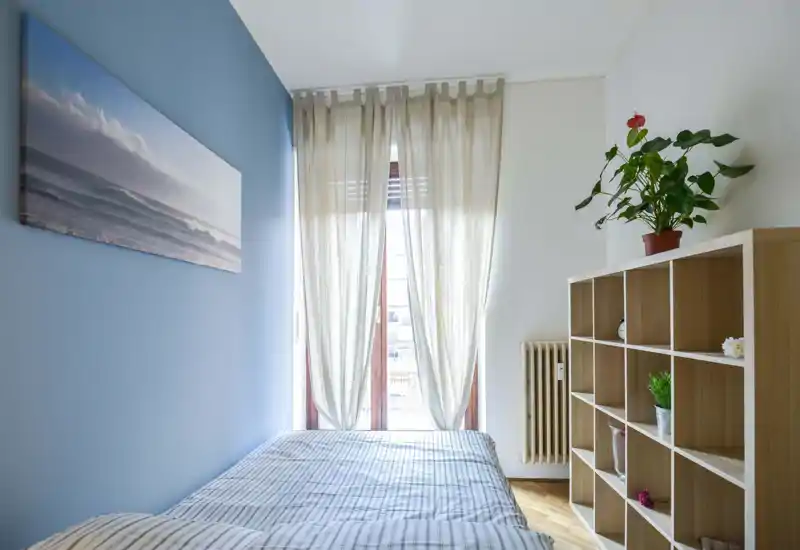 Bright, minimalist bedroom with a double bed pushed to the window, light blue accent wall, wooden shelving and airy curtains letting in abundant natural light.