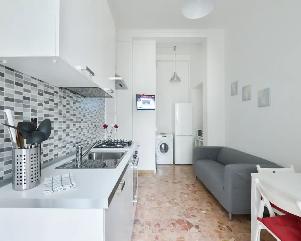 Bright, compact open-plan living area with a modern kitchenette. The image shows a sleek stainless sink and hob, mosaic backsplash, a gray sofa and a small dining spot — ideal for a cozy city apartment.