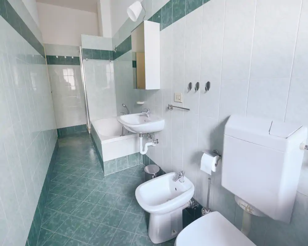 Baño limpio y bien iluminado con bañera y mampara de vidrio, lavabo mural con armario espejo, bidé y WC; suelos y paredes con azulejos verdes que dan uniformidad.