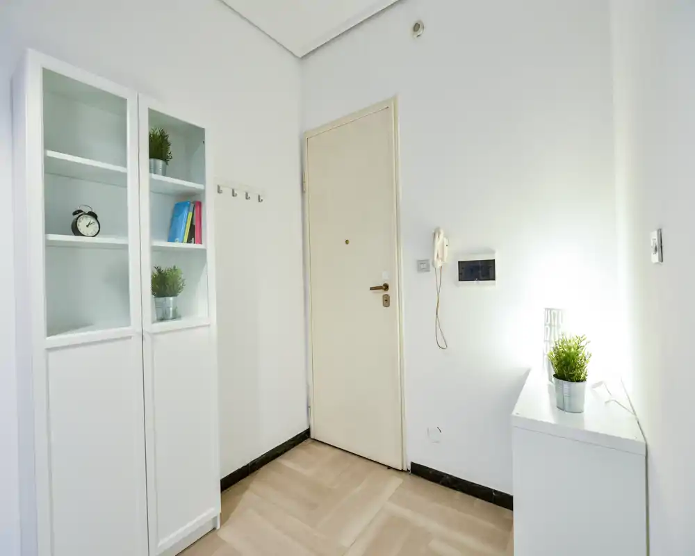 Recibidor de apartamento luminoso y ordenado con armario blanco, perchas en la pared y una consola con planta; vestíbulo minimalista ideal para recibir invitados.