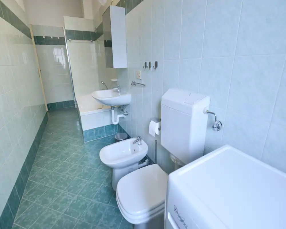 Baño alicatado y luminoso con inodoro, bidé, lavabo y ducha; diseño limpio y funcional, adecuado para anuncios de alquiler.