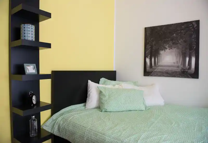 Chambre lumineuse et moderne avec un lit bien fait, linge de lit vert coordonné, coussins décoratifs et une grande photo en noir et blanc au mur. Une étagère verticale noire avec objets décore l'espace.