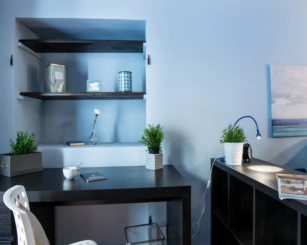 Rincón de oficina en casa ordenado con escritorio oscuro, estantería empotrada, plantas decorativas y lámpara de trabajo — un espacio funcional y sereno en la sala.