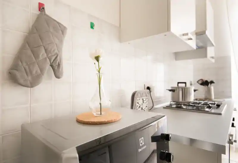 Bright, modern kitchen corner with a gas hob, countertop appliances and a single vase for a minimalist, welcoming look.