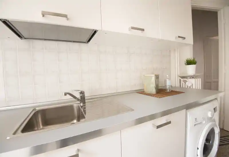 Bright modern kitchenette with stainless steel sink, clean white cabinetry and tiled backsplash; includes a washing machine and small decorative plant.
