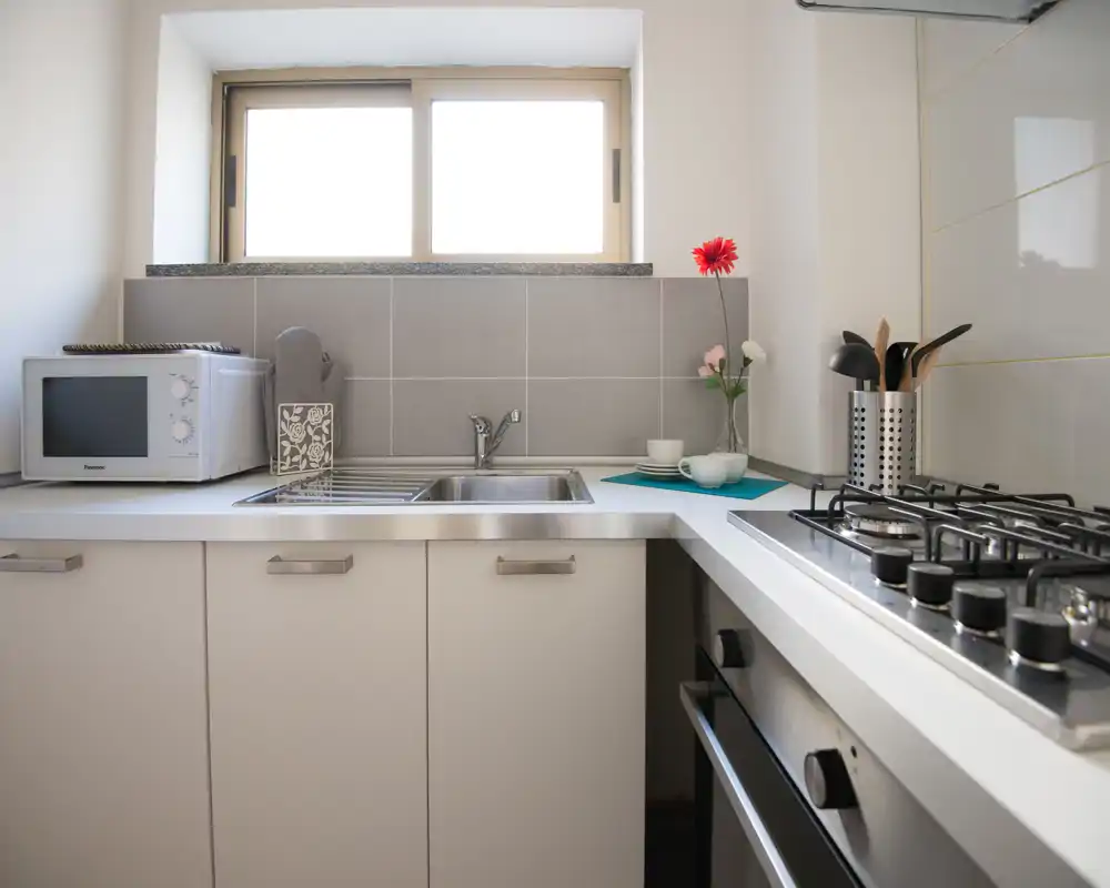 Cocina moderna y luminosa con fregadero de acero, placa de gas, microondas y encimera ordenada. La luz natural desde la ventana y pequeños detalles decorativos crean un espacio fresco y acogedor.