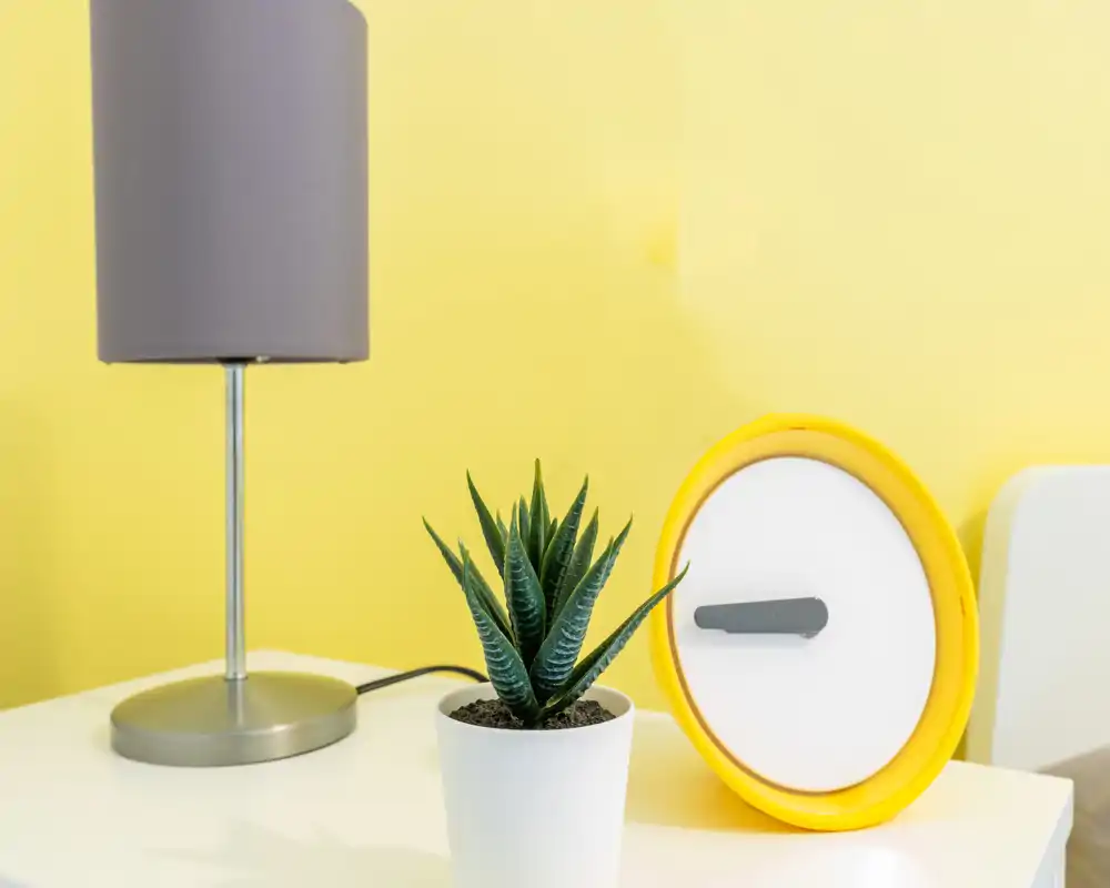 Primer plano de una mesita con una lámpara moderna, una pequeña suculenta en maceta y un reloj despertador amarillo minimalista frente a una pared amarilla brillante. Ideal para mostrar accesorios y detalles de decoración.