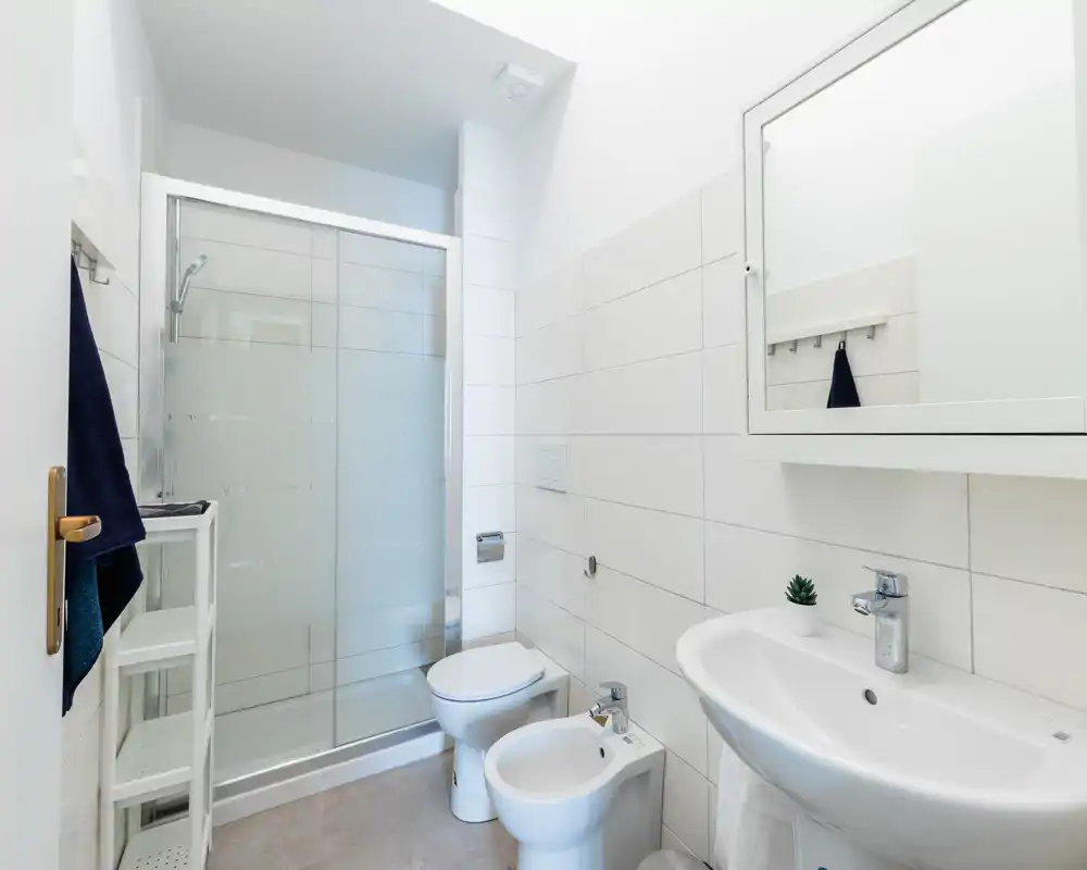 Salle de bains moderne et propre avec cabine de douche en verre, sanitaires muraux, bidet et lavabo ; carrelage blanc et armoire miroir pour un aspect frais et minimaliste.