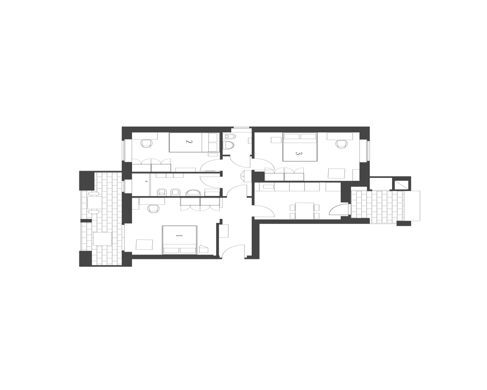 Plan en noir et blanc montrant l'ensemble de l'appartement avec pièces, portes et balcons ; présenté sur fond noir pour un contraste net.