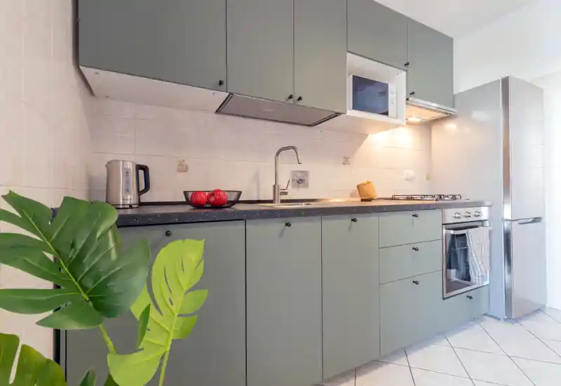 Modern compact kitchen with muted green cabinets, stainless steel appliances and a neat worktop; styled with a plant and fruit bowl for a welcoming look.