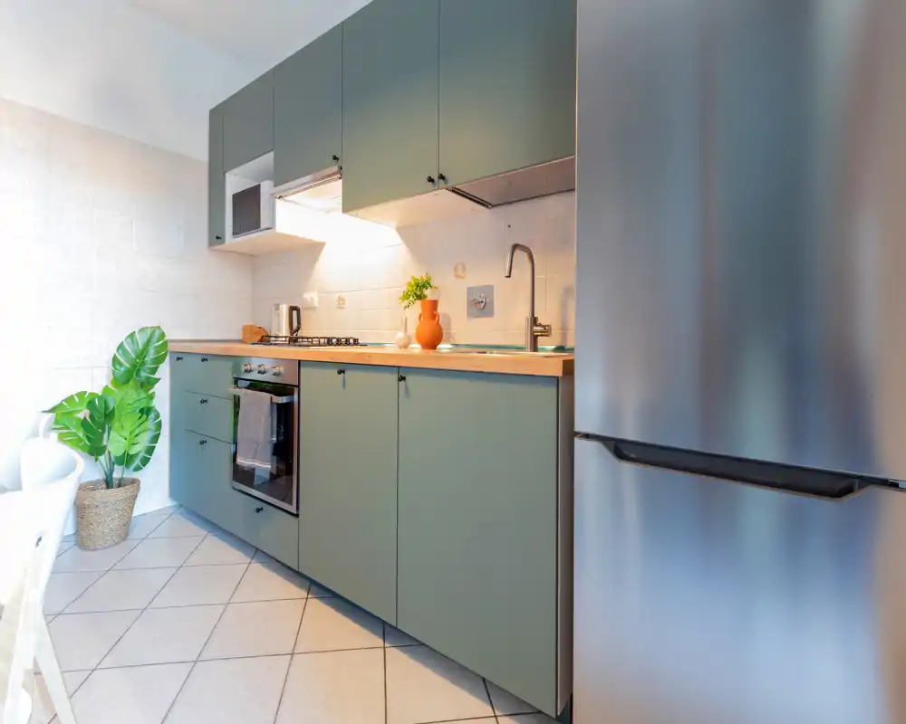 Cuisine compacte moderne avec meubles verts mats, plan de travail en bois, four intégré et réfrigérateur en acier inoxydable ; espace lumineux et bien agencé avec plante décorative.