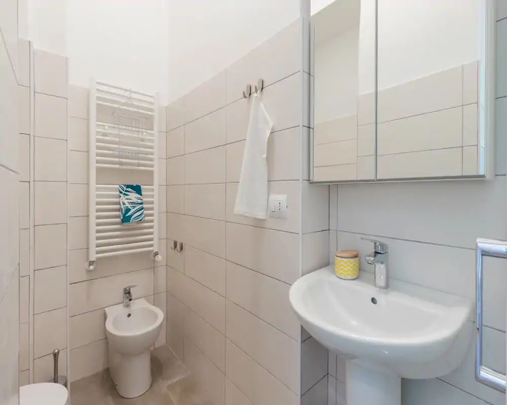 Salle de bains moderne et propre avec lavabo sur colonne, bidet, armoire-miroir et radiateur porte-serviettes. Carrelage neutre et décoration minimale pour un espace lumineux et fonctionnel.