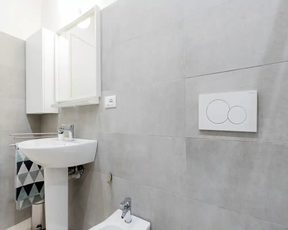 Modern small bathroom with light gray wall tiles, a pedestal sink, bidet, mirrored medicine cabinet and tidy accessories; bright, minimal and well maintained.