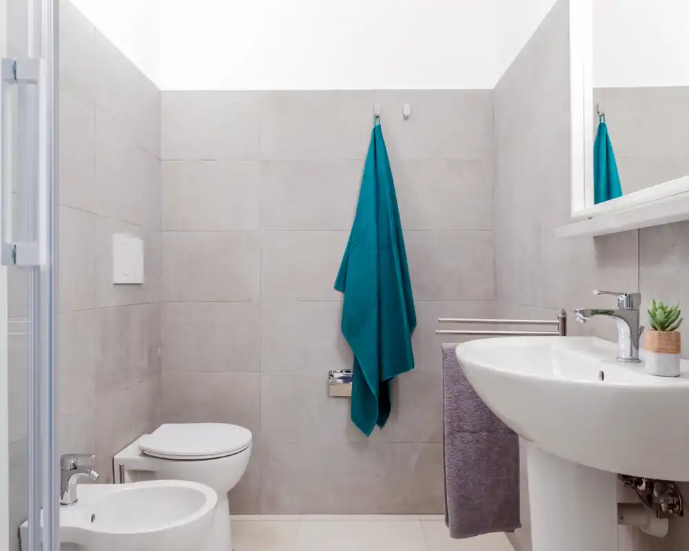 Bright, modern bathroom with wall-mounted toilet, bidet and pedestal sink; light grey tiles and teal towel add a fresh touch.