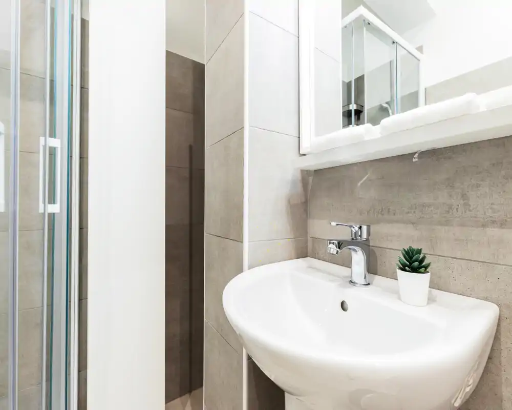 Baño moderno y compacto con lavabo blanco, grifo cromado y mampara de ducha de vidrio; azulejos grises neutras y una pequeña planta aportan frescura.