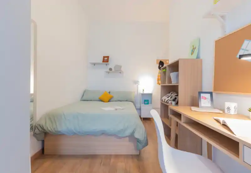Chambre lumineuse et bien rangée avec lit double, table de chevet et bureau. Linge de lit pastel et coussin décoratif apportent une ambiance calme et accueillante, idéale pour une annonce.