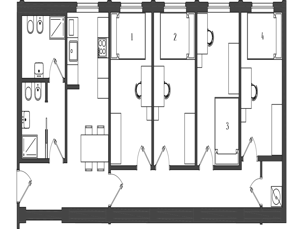 Plano arquitectónico que muestra la distribución de varias estancias (baños, cocina/comedor y cuatro dormitorios numerados) con puertas, sanitarios y símbolos de mobiliario.