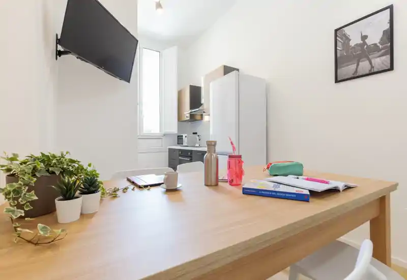 Bright, modern dining area connected to a compact kitchen. A wooden table with plants, books and drinkware creates a welcoming spot for meals or study.
