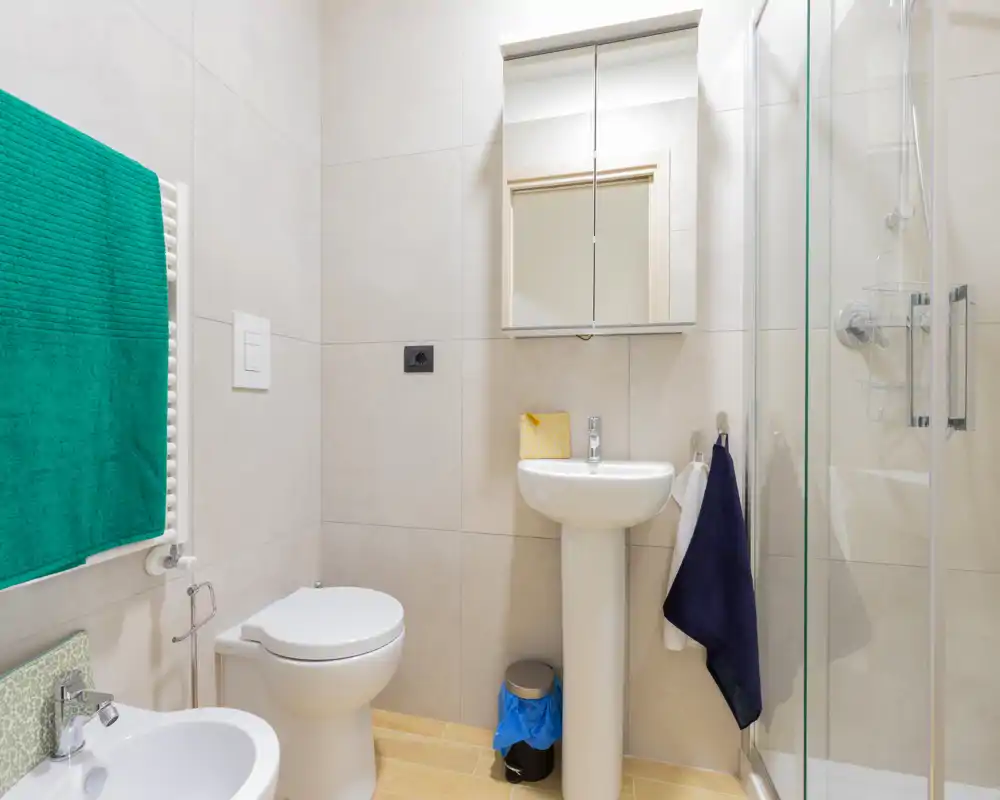 Salle de bains moderne et propre avec lavabo sur colonne, WC, douche vitrée et meuble-miroir ; carrelage clair et sol effet bois pour une atmosphère lumineuse.