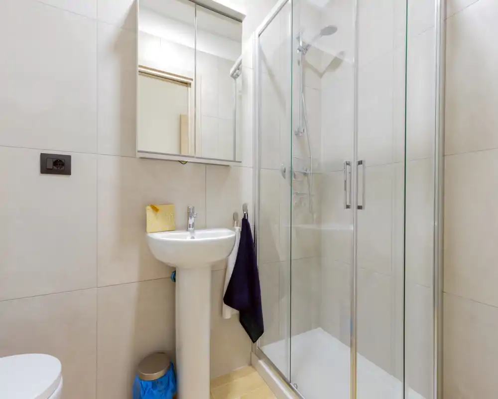 Salle de bains compacte et moderne avec douche vitrée, lavabo sur colonne, armoire miroir et carrelage neutre; lumineuse, propre et fonctionnelle.