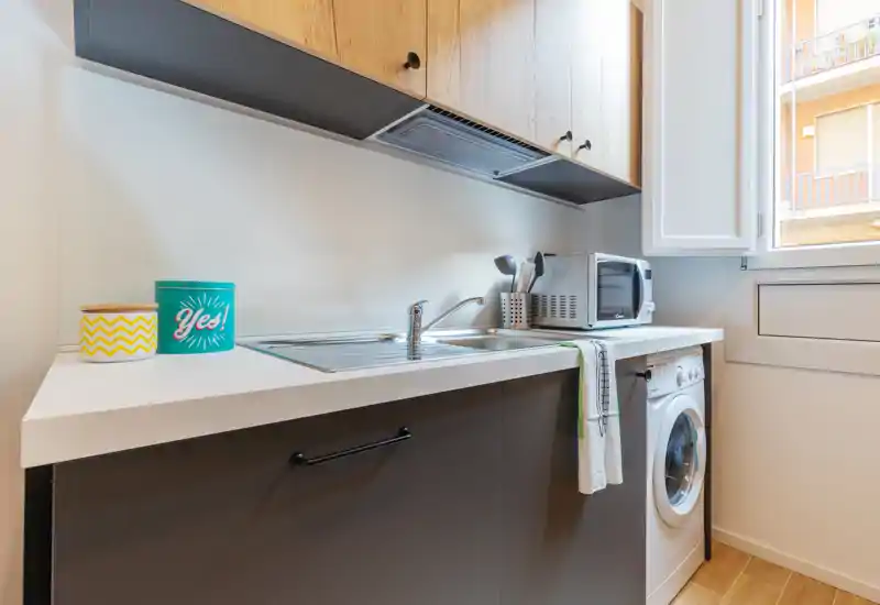 Compact modern kitchenette with sink, microwave and integrated washing machine; bright natural light from the window and tidy countertop with small decorative canisters.