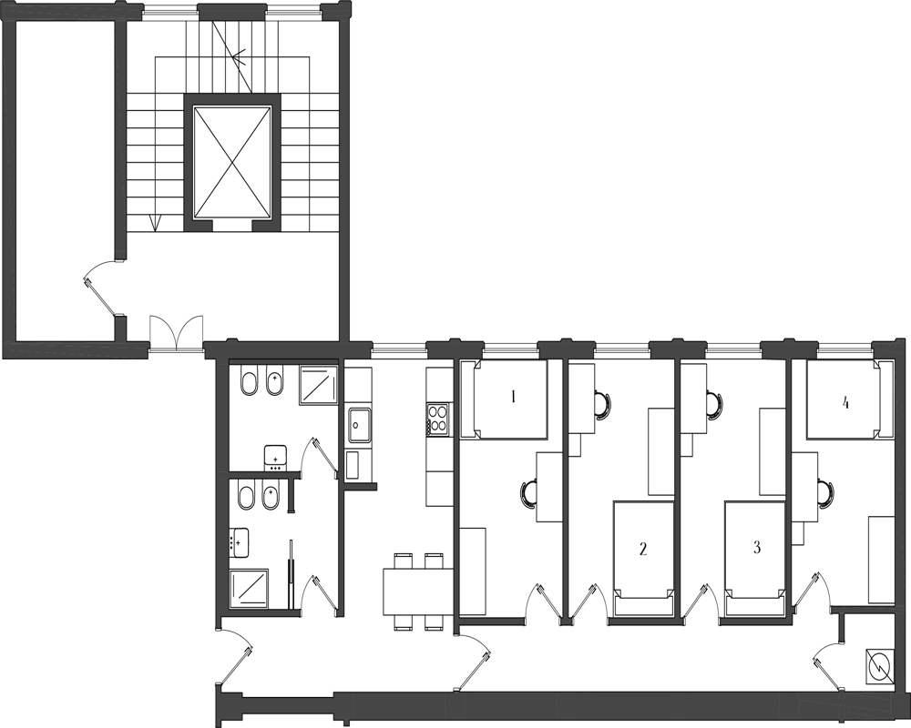 Plan d'architecte de l'appartement montrant pièces, salles de bains, cuisine et circulation — une vue 2D/planimétrie idéale pour comprendre la disposition.