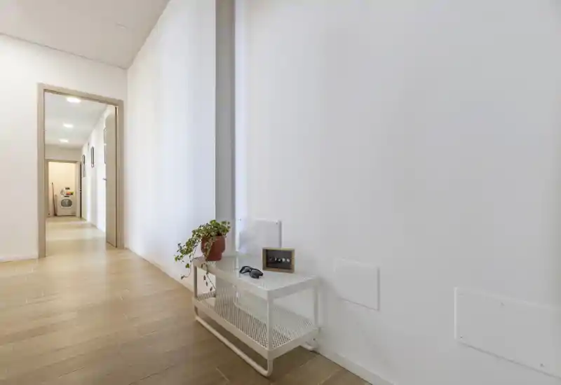 Ingresso minimal e ben illuminato con pavimento in legno chiaro, un piccolo tavolino con pianta e accessori e vista sul corridoio interno.