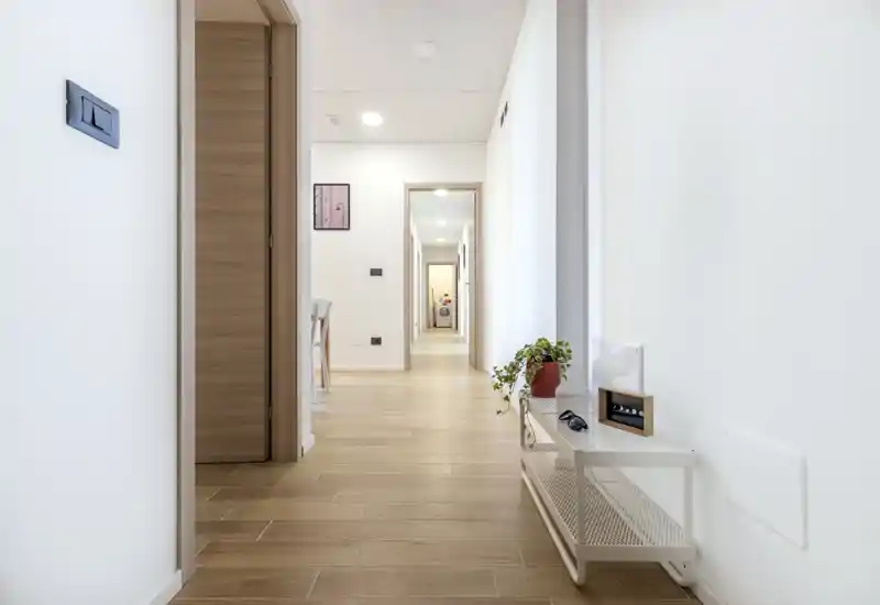 Bright, modern entrance hallway with wood-effect flooring, simple console table and potted plant; clean white walls and recessed ceiling lights create an airy first impression.