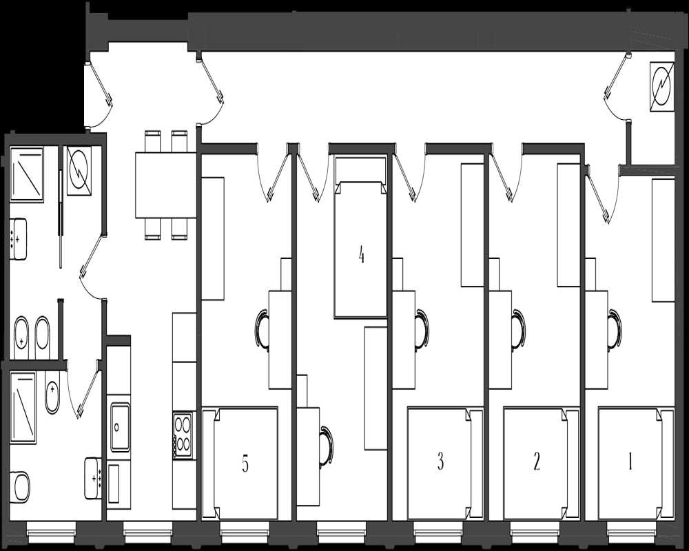 Plano arquitectónico en blanco y negro que muestra la distribución de varias estancias (dormitorios numerados), baños, cocina y circulación — un dibujo planimétrico desde arriba, no una fotografía.