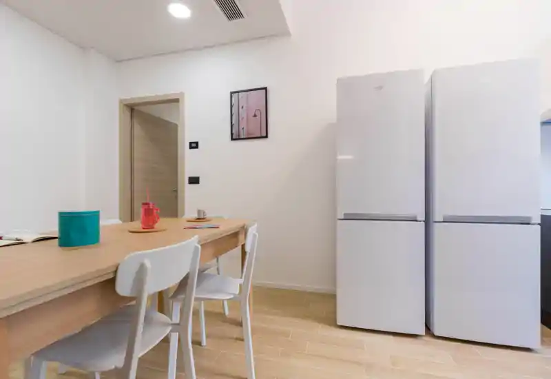Bright, modern kitchen/dining corner with a wooden table and white chairs, two upright refrigerators, and minimal decorative accents—clean, functional space ideal for casual meals.