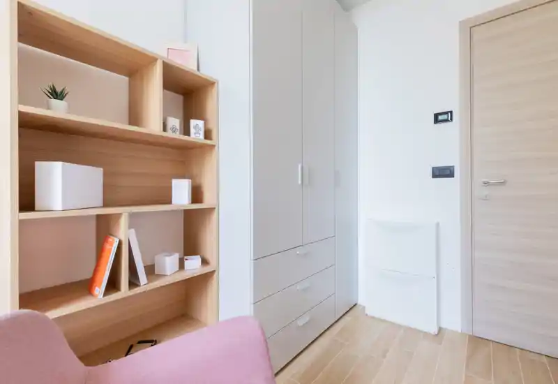 Compact entrance/hallway area with built-in storage and shelving, bright natural light and clean minimal decor—ideal for organizing shoes and outerwear.