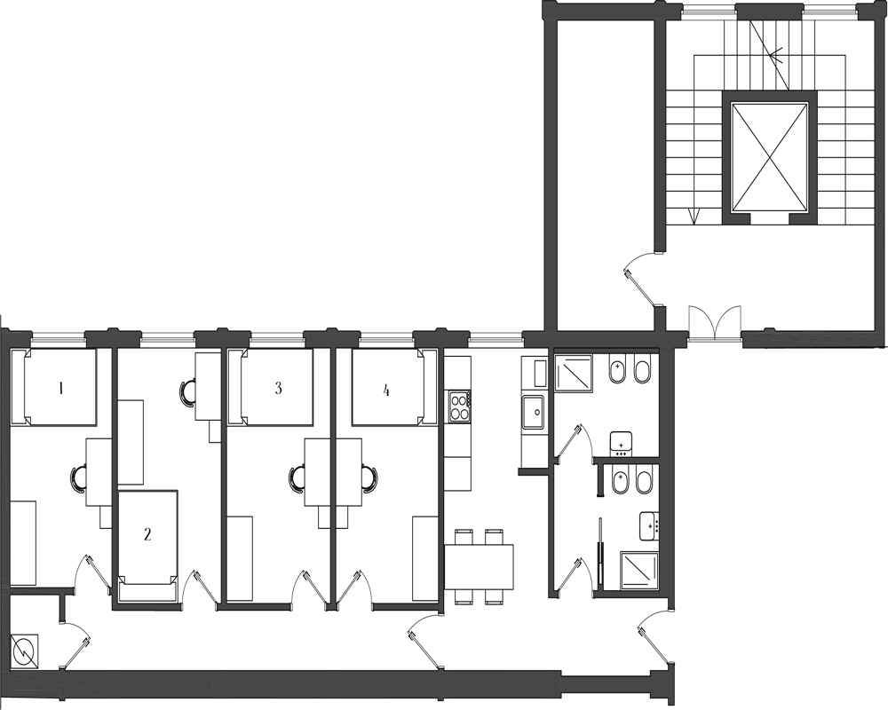 Planta arquitectónica en blanco y negro que muestra un pasillo con cuatro habitaciones numeradas, una zona de cocina/comedor, baños y la escalera/ascensor. Dibujo vectorial claro, ideal para mostrar la distribución.
