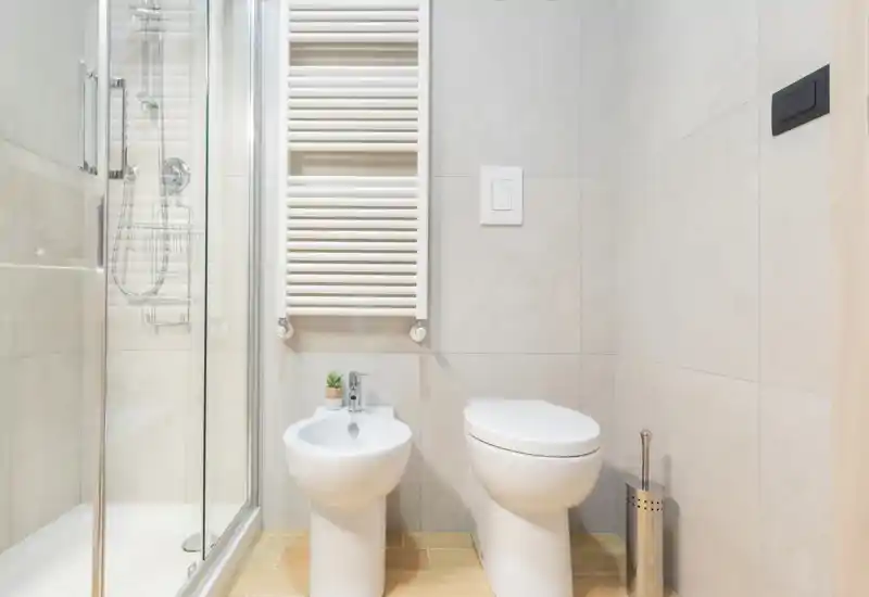 Bright, modern bathroom with a shower enclosure, bidet and toilet; neutral tiles and wood-effect floor create a clean, minimal look.