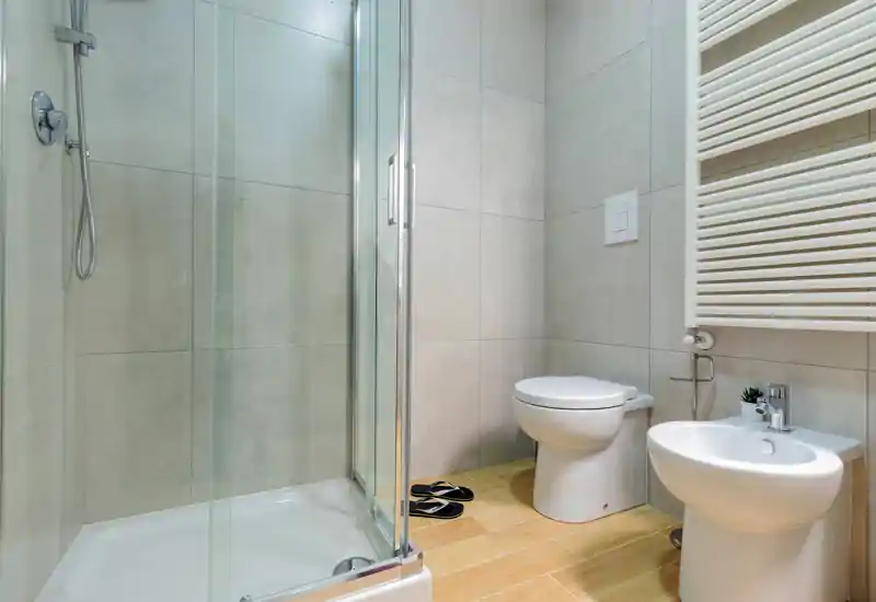 Bright, modern bathroom with a glass shower enclosure, wall-mounted fixtures and a bidet next to the toilet. Neutral tiles and wood-effect floor create a clean, contemporary look.