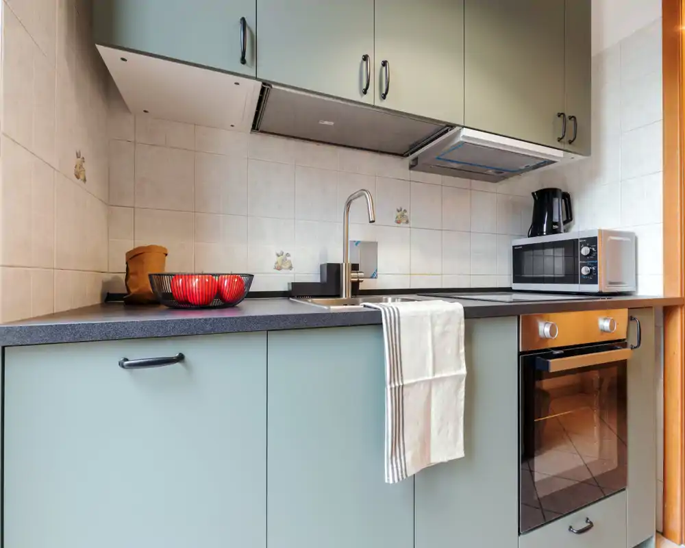 Compact modern kitchen with mint-green cabinets, integrated oven, microwave and a sink with a towel. Decorative fruit bowl and tidy countertop create a clean, welcoming cooking area.